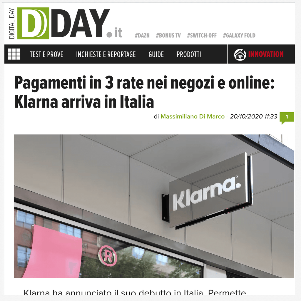DDAY - Pagamenti in 3 rate. Klarna arriva in Italia