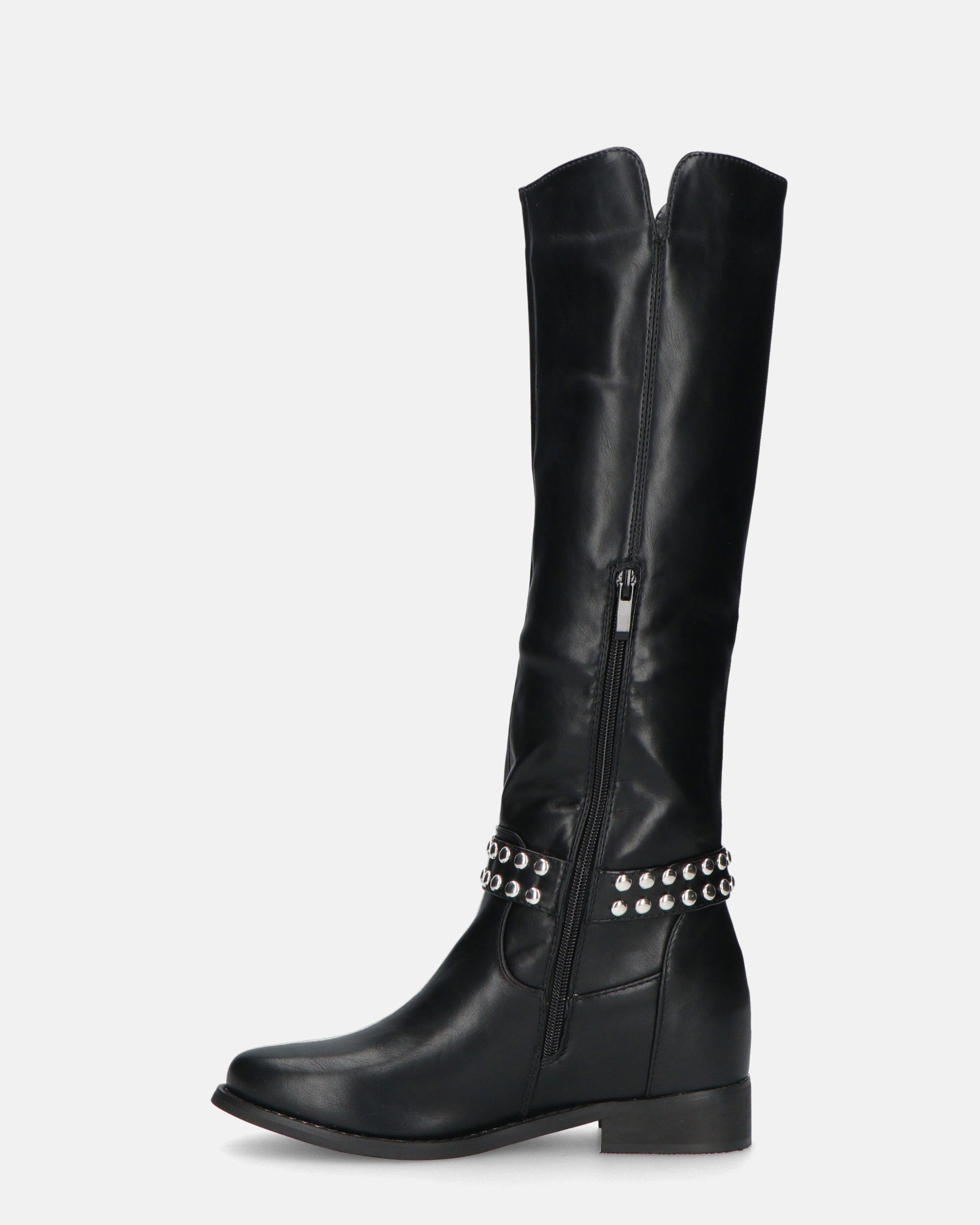 KITA - bottes hautes noires avec bride cloutée et zip latéral