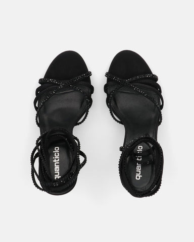 LEDA - sandales noires à talon aiguille et lacets avec pierres précieuses