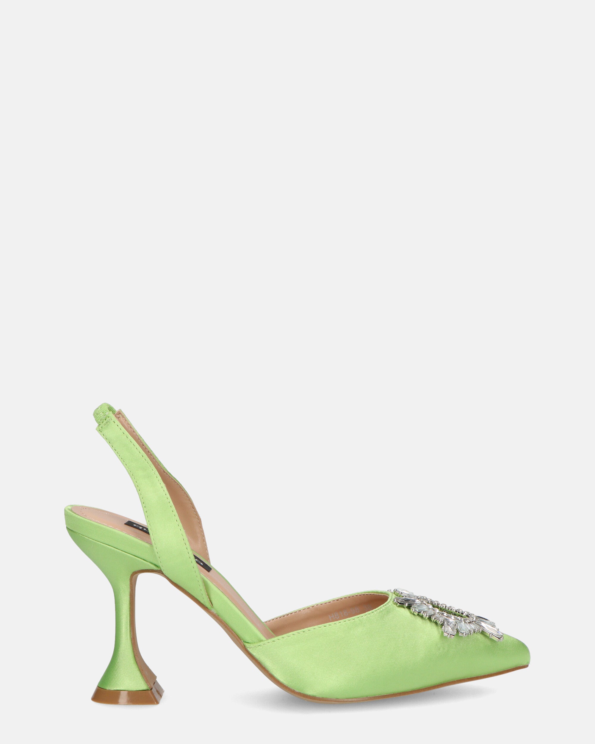 MAGDA - chaussure à talon en satin vert avec pierres décoratives