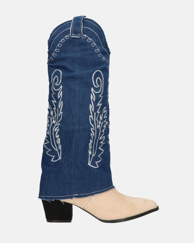 FRANCYS - camper boots hautes en tissu denim bleu et daim beige