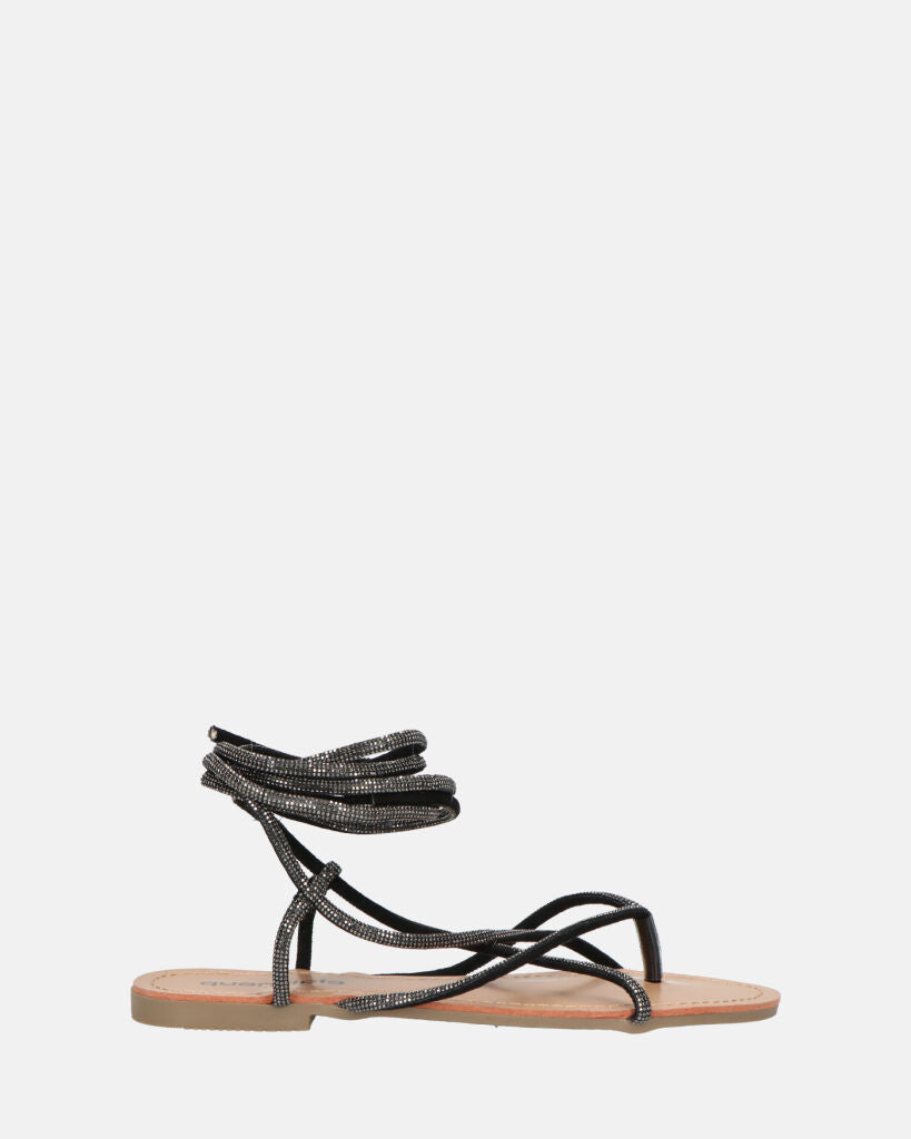 JANIRA - sandales plates à lacets noir pailleté