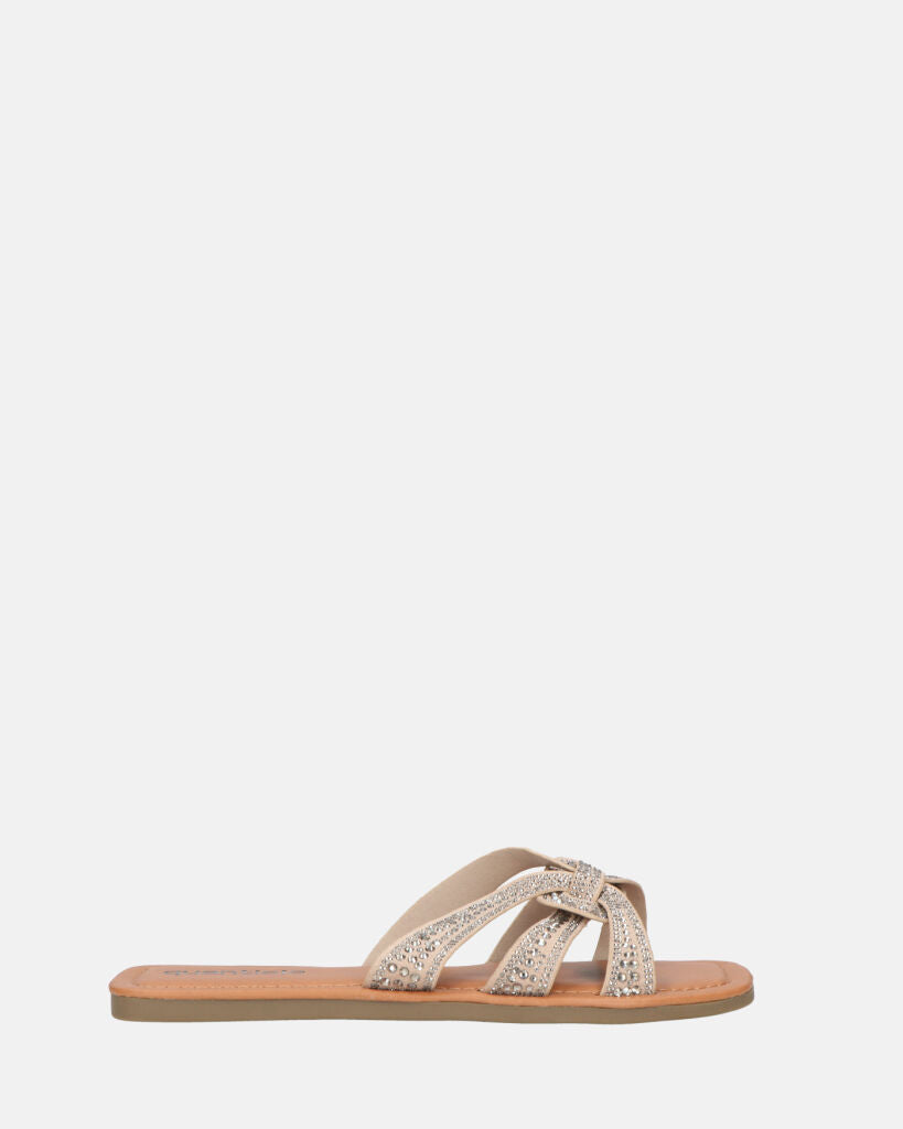 NURY - sandales plates à rayures beiges et pierres précieuses