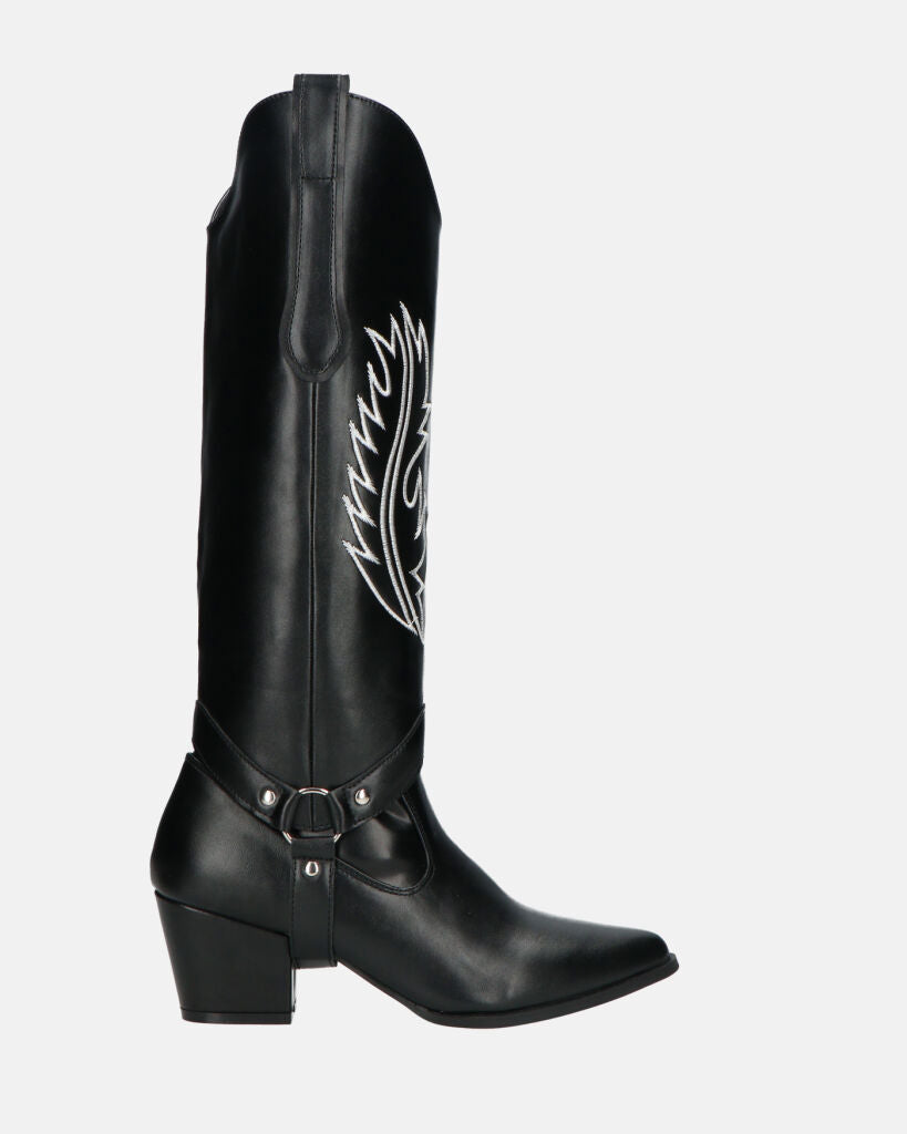 2 en 1 - CAMILA - boots texanes à tige amovible en éco-cuir noir et broderie blanche