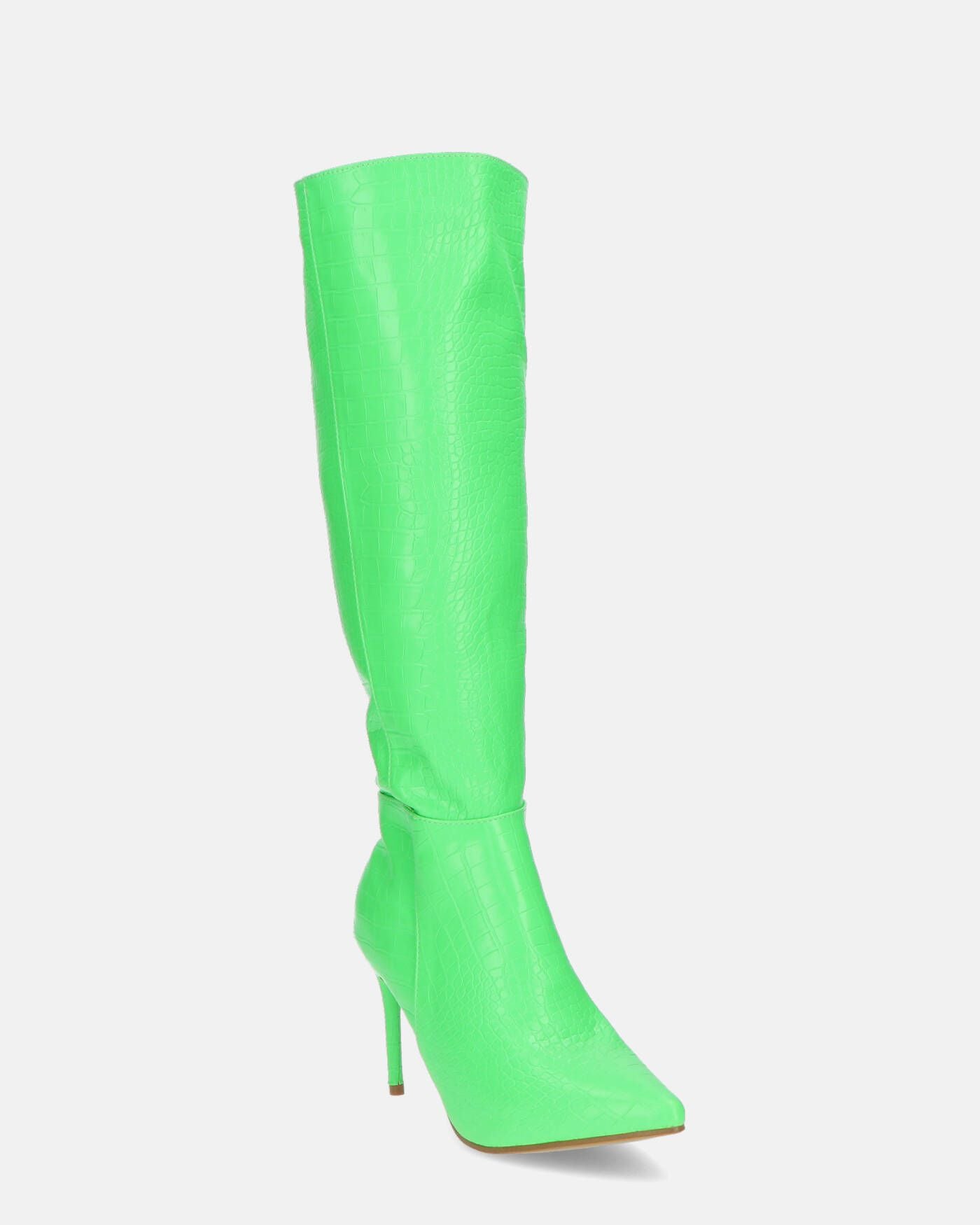 LAILA - bottes hautes en éco-cuir vert avec texture crocodile et ceinture latérale