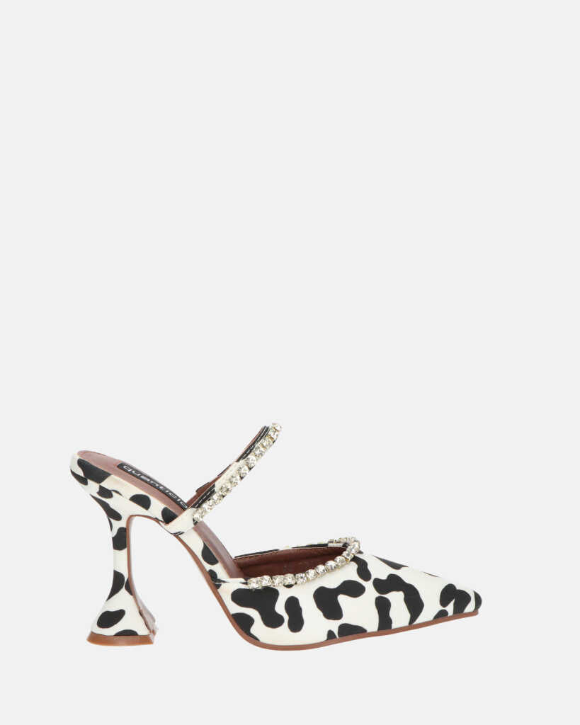 PERAL - chaussure à talon en imprimé léopard noir et blanc avec pierres précieuses
