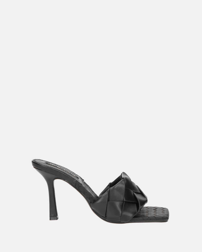 ENRICA - sandale en cuir tressé noir avec talon