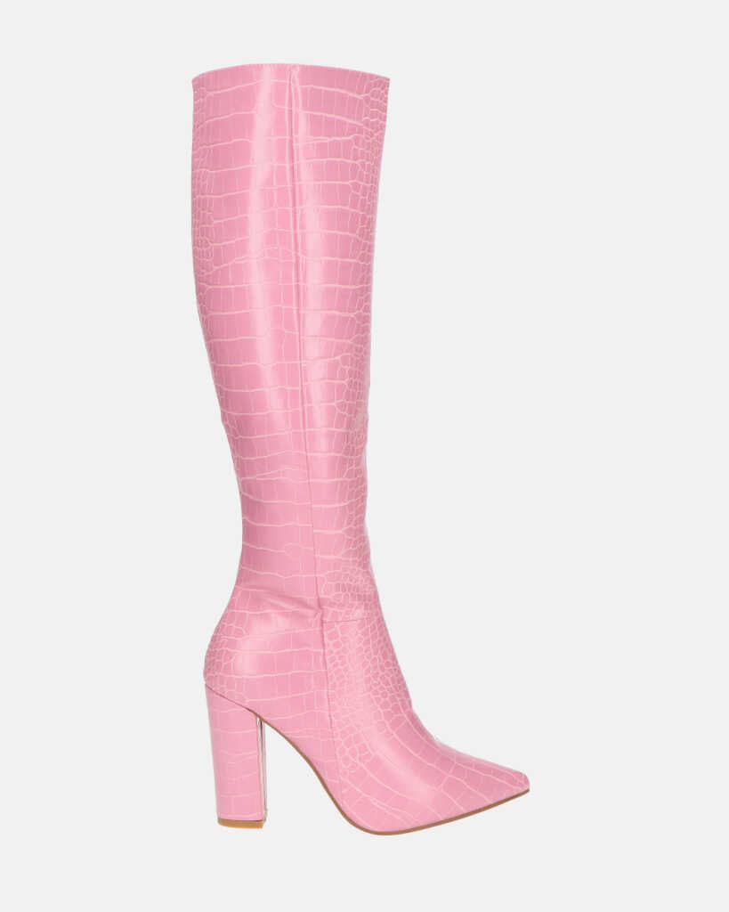 KSENIA - bottes hautes en cocodrile rose