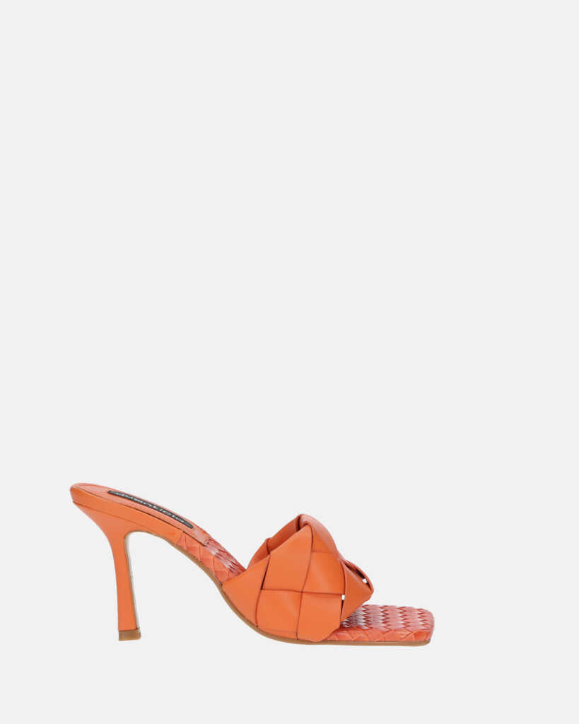 ENRICA - sandale en cuir tressé orange avec talon