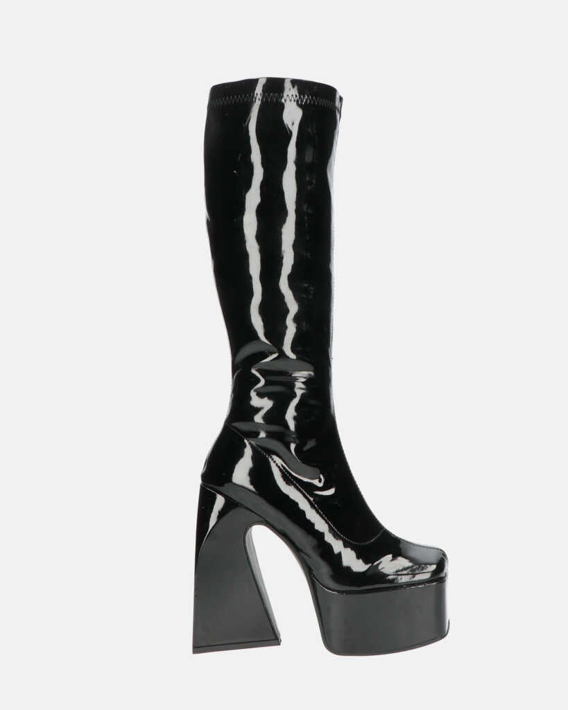 BECKA - bottes hautes en verre noir avec zip et talon carré